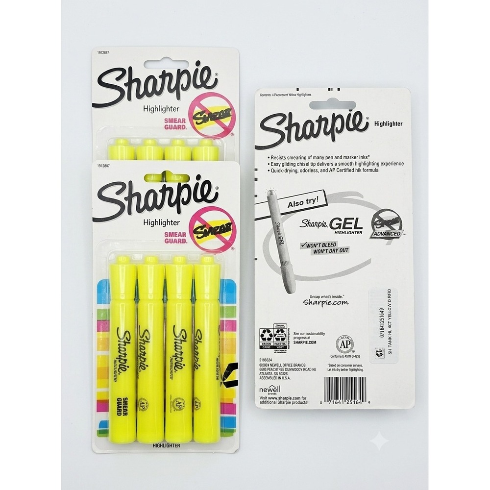 3 Pack Sharpie Yellow Tank Highlighters Chisel Tip Smear Guard Bulk Lot 12 Total